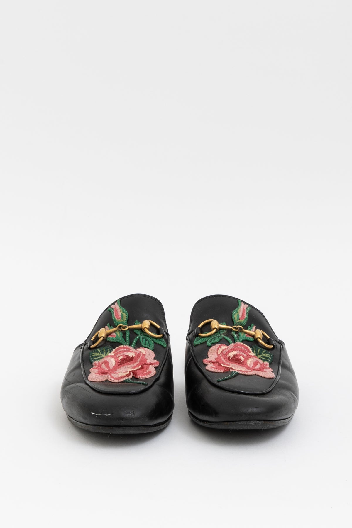 Rose Embroidered Princetown Horsebit Flat Mules