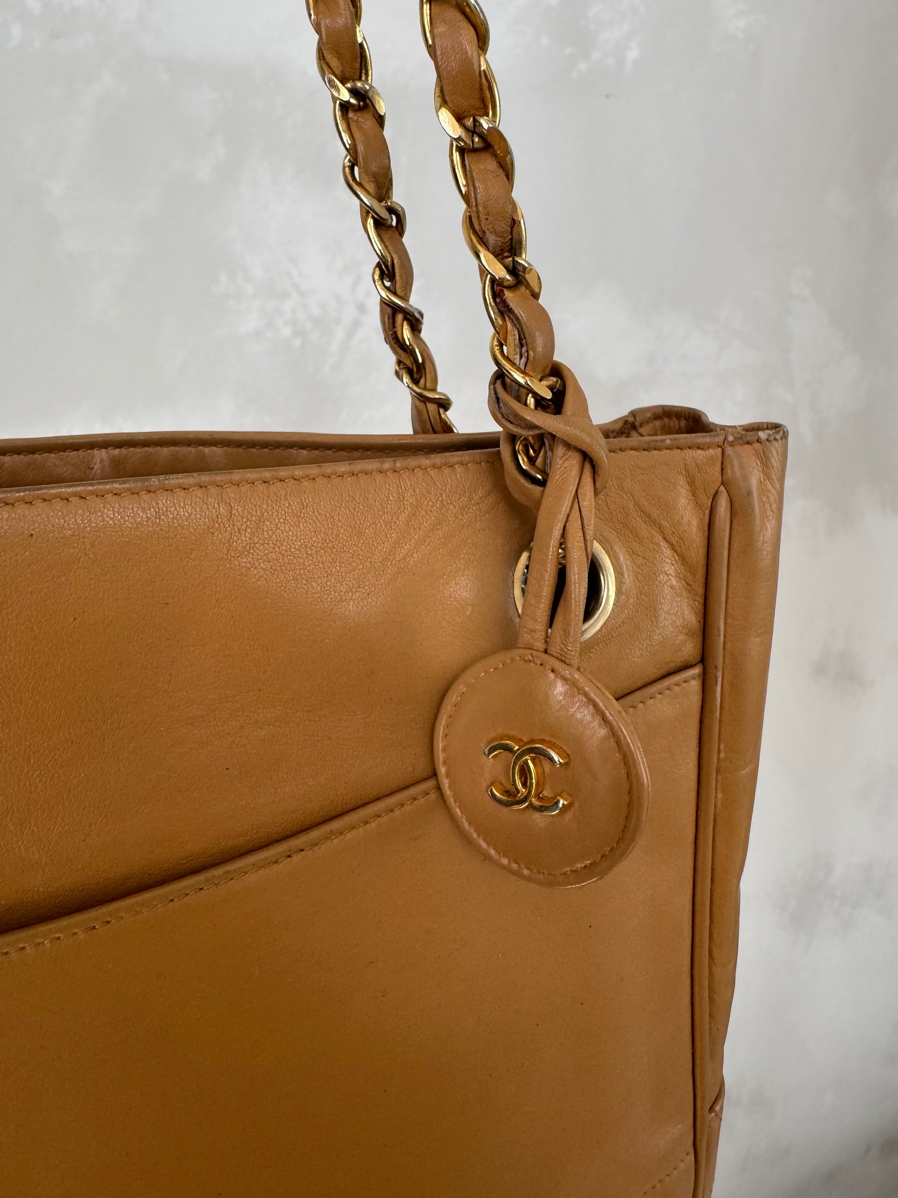 Chanel Beige Leather Quilted Base Tote