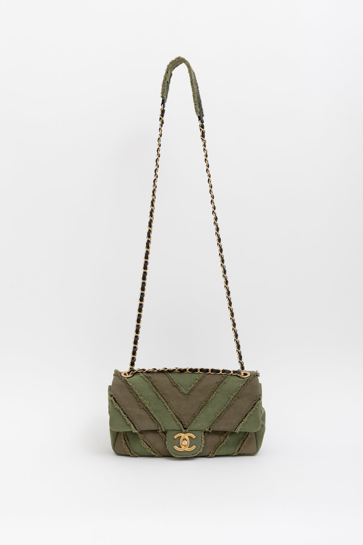 CC Chevron Canvas Patchwork Flap Bag
