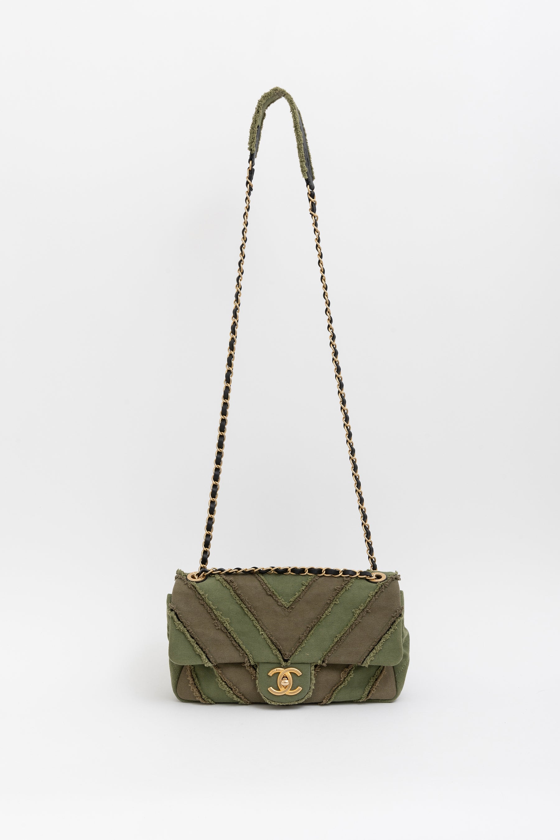 CC Chevron Canvas Patchwork Flap Bag