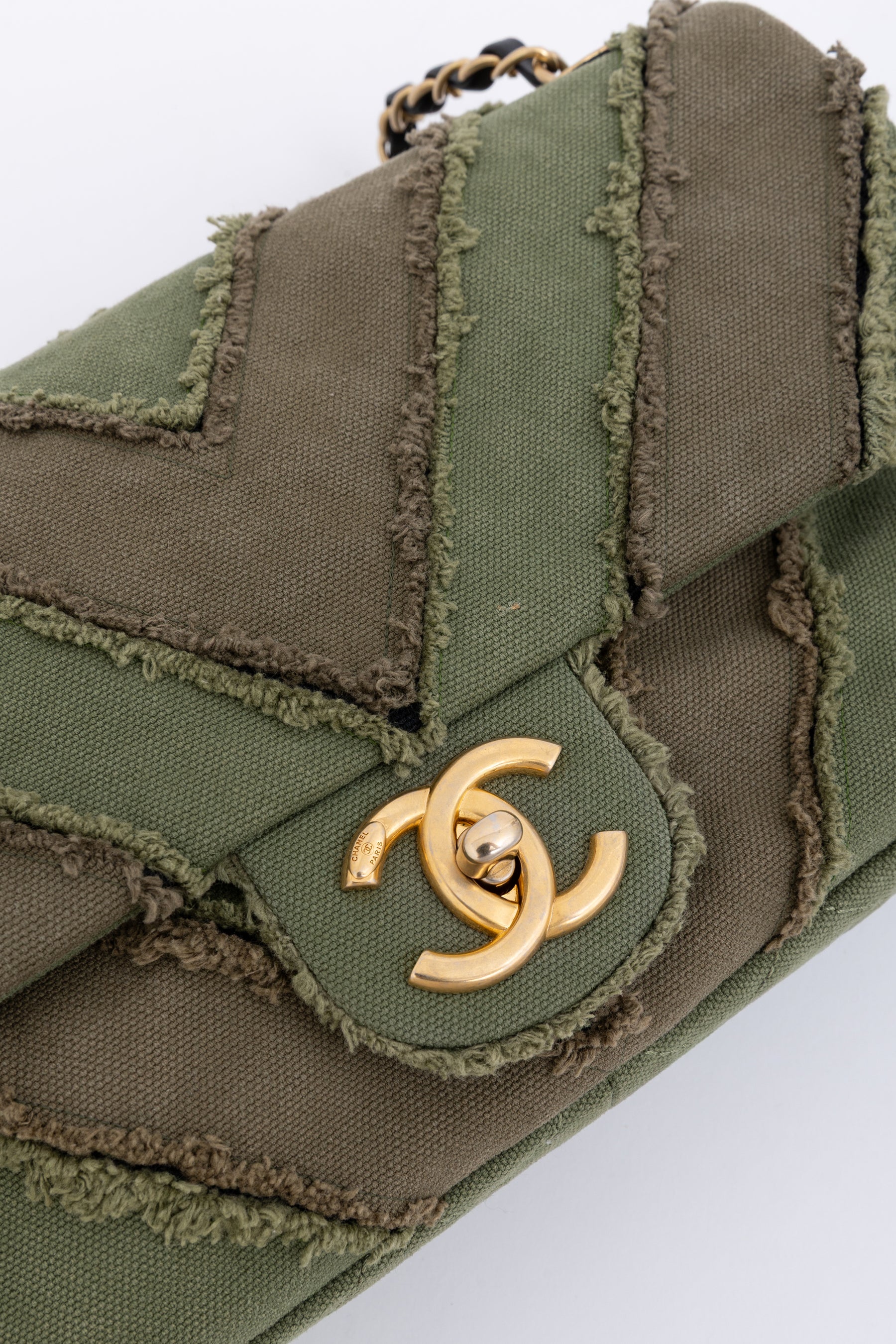 CC Chevron Canvas Patchwork Flap Bag