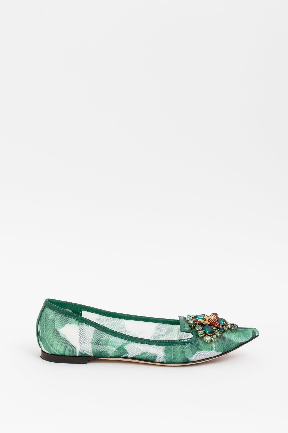 Tropical Palm and Crystal Embellished Pointed Toe Flats
