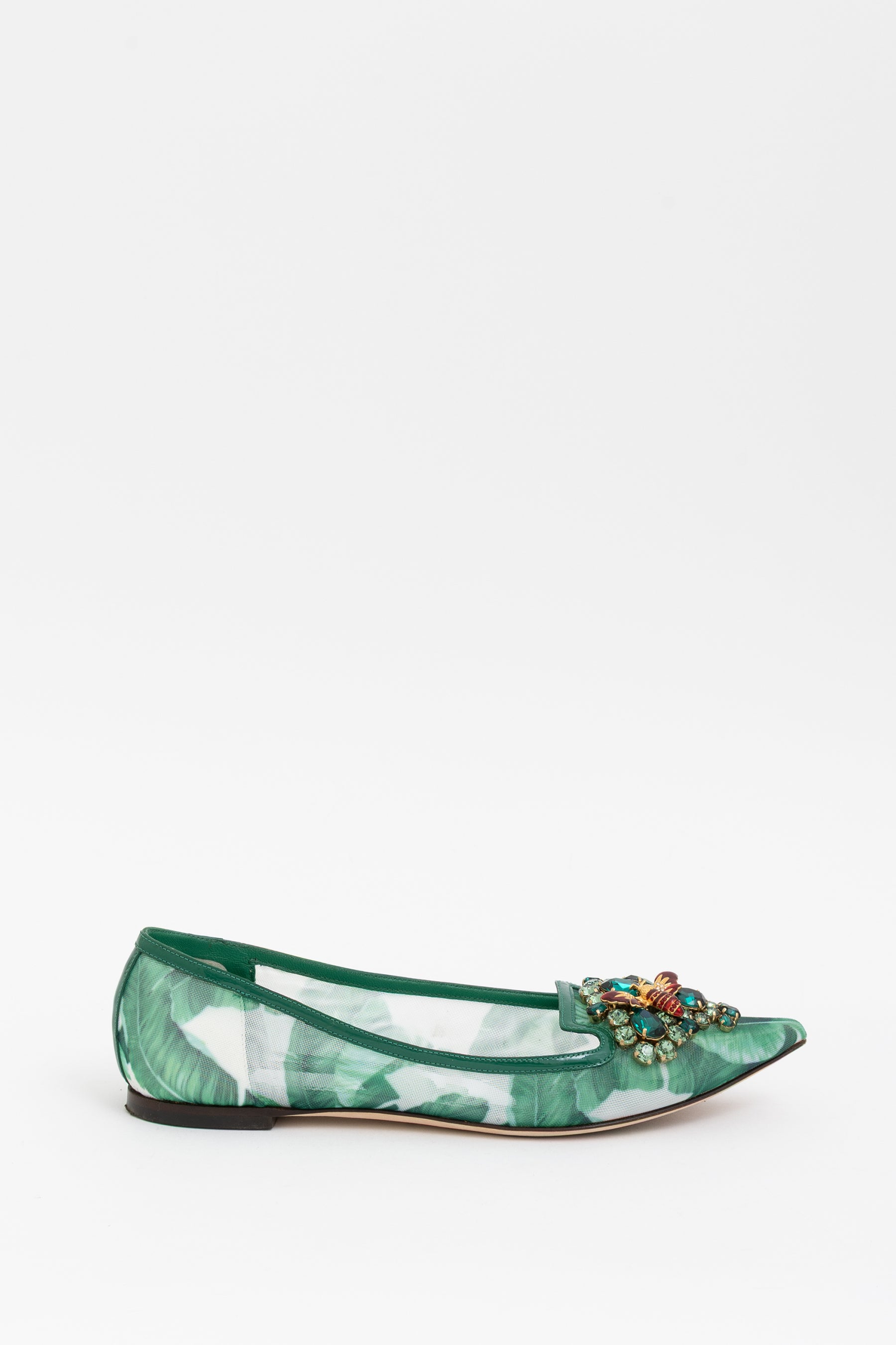 Tropical Palm and Crystal Embellished Pointed Toe Flats