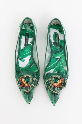 Tropical Palm and Crystal Embellished Pointed Toe Flats
