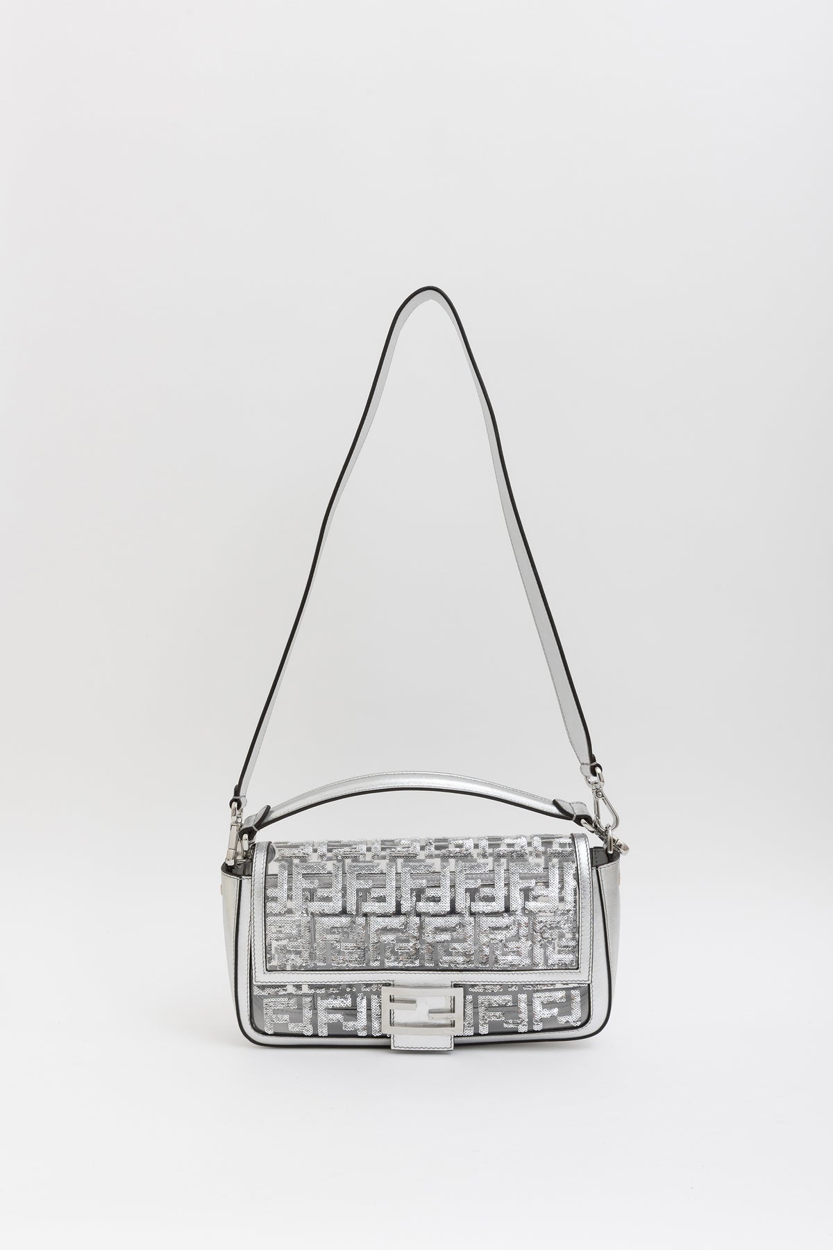Silver Sequin Logo Baguette Bag