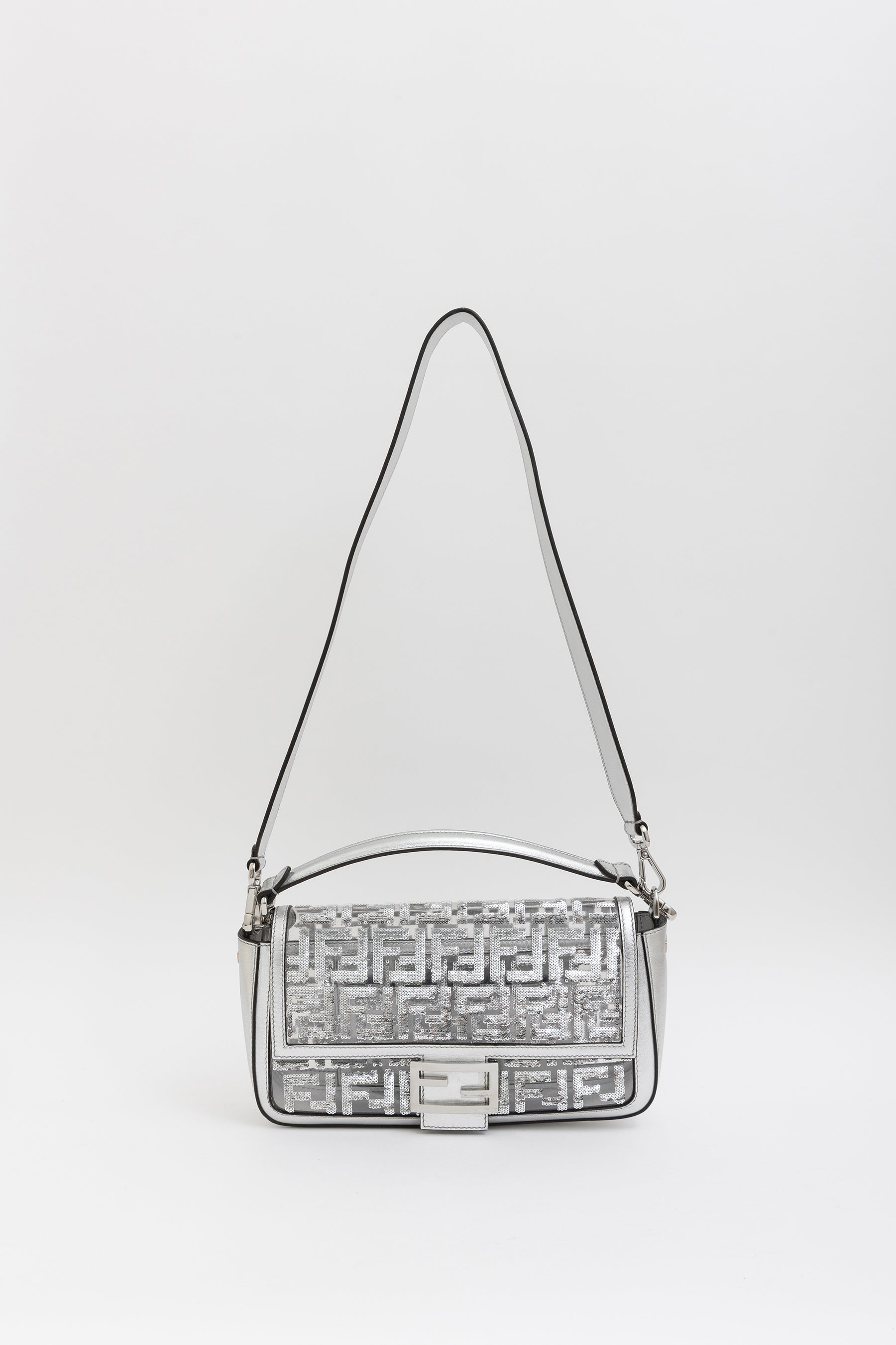 Silver Sequin Logo Baguette Bag