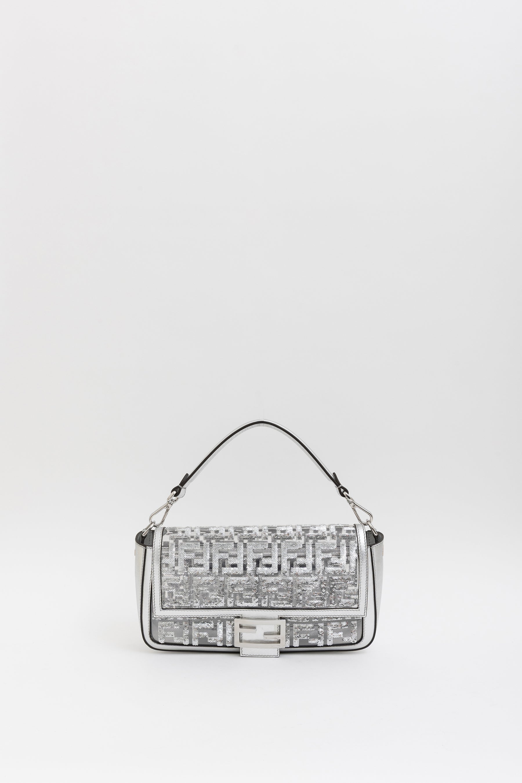 Silver Sequin Logo Baguette Bag