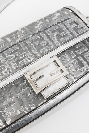 Silver Sequin Logo Baguette Bag