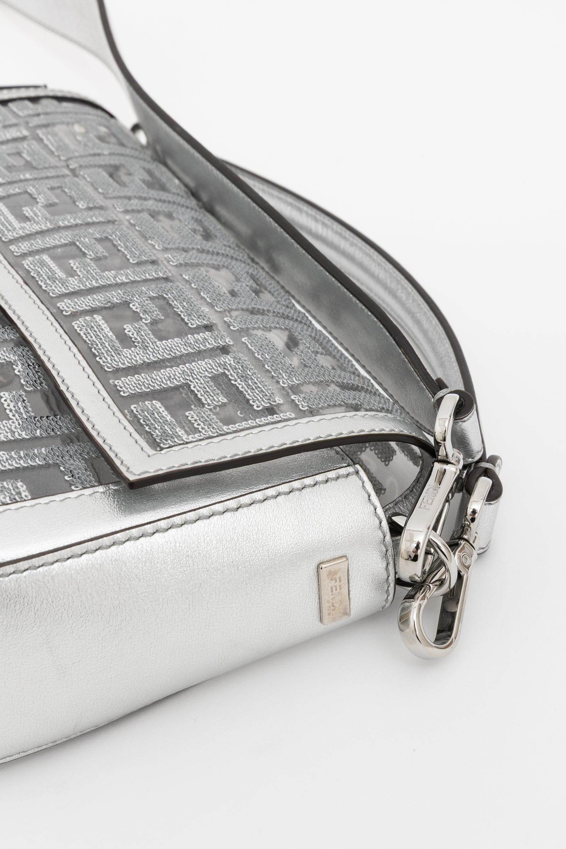 Silver Sequin Logo Baguette Bag