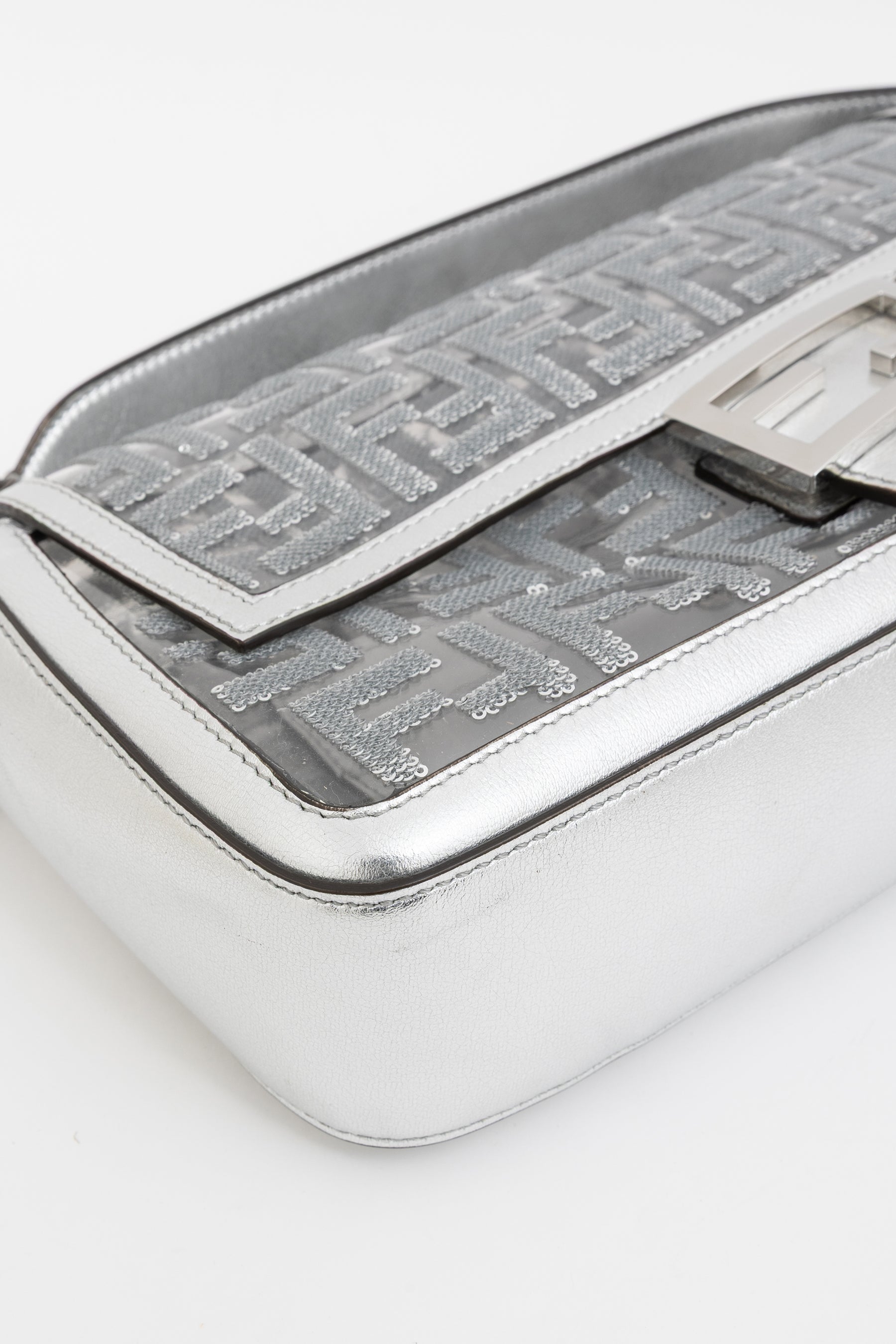 Silver Sequin Logo Baguette Bag