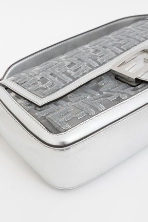 Silver Sequin Logo Baguette Bag
