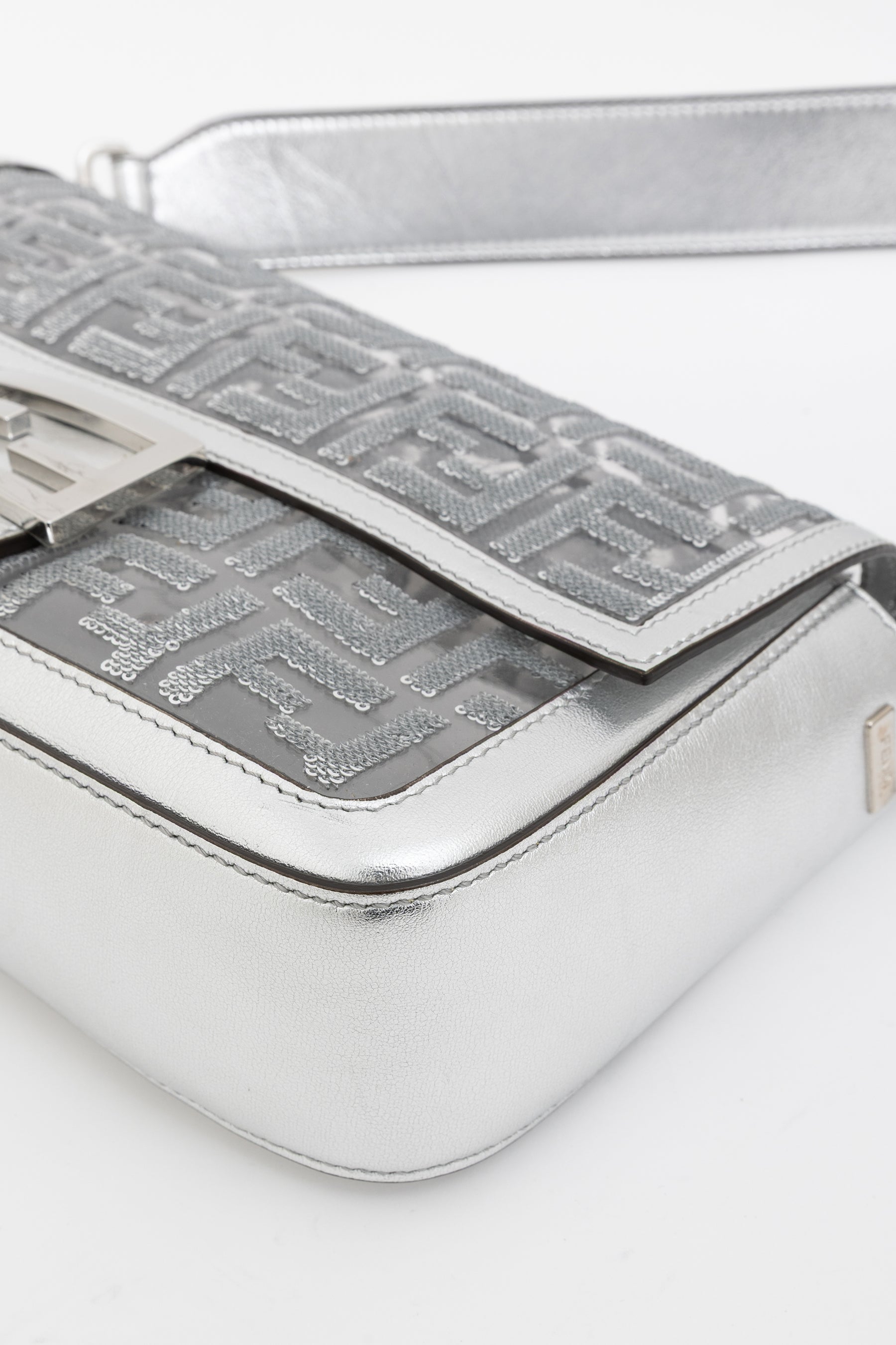 Silver Sequin Logo Baguette Bag