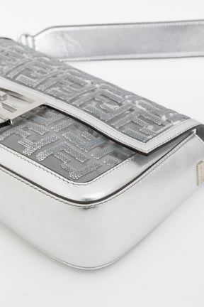 Silver Sequin Logo Baguette Bag