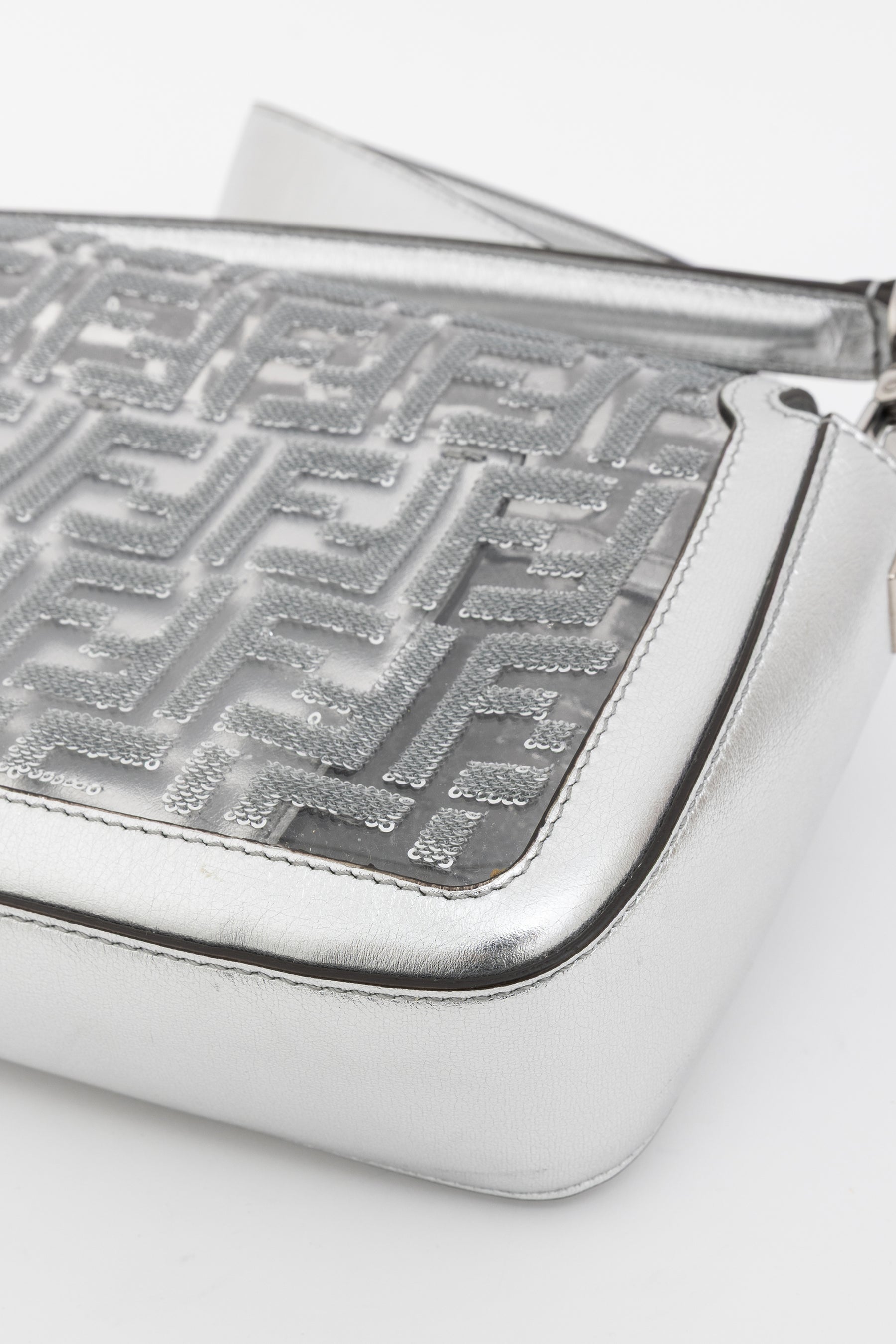 Silver Sequin Logo Baguette Bag