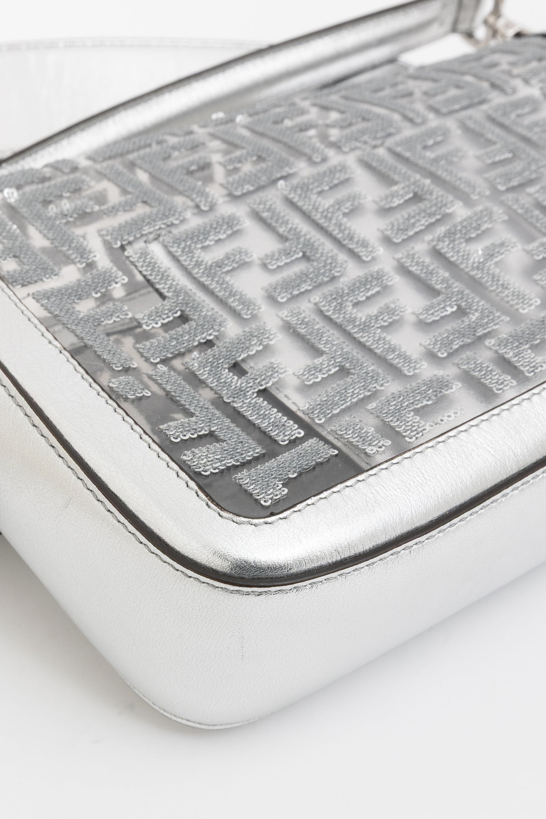 Silver Sequin Logo Baguette Bag