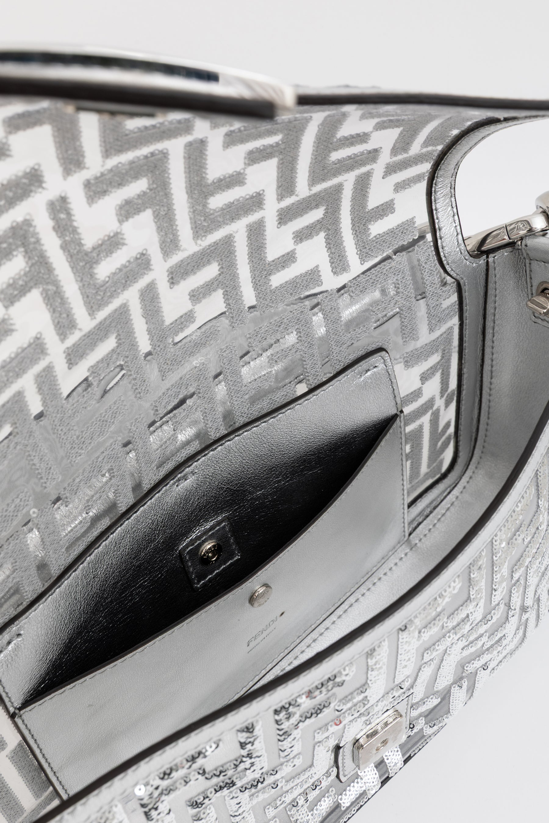 Silver Sequin Logo Baguette Bag