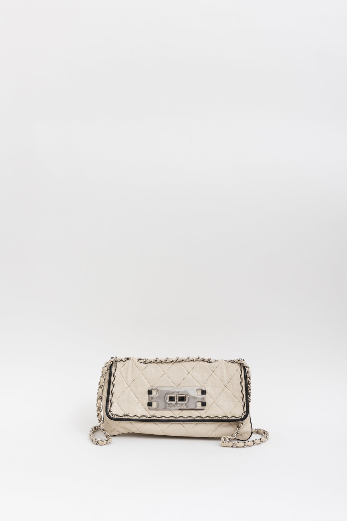 Chanel Cream Leather with Black Trim East West Reissue Buckle Flap Bag