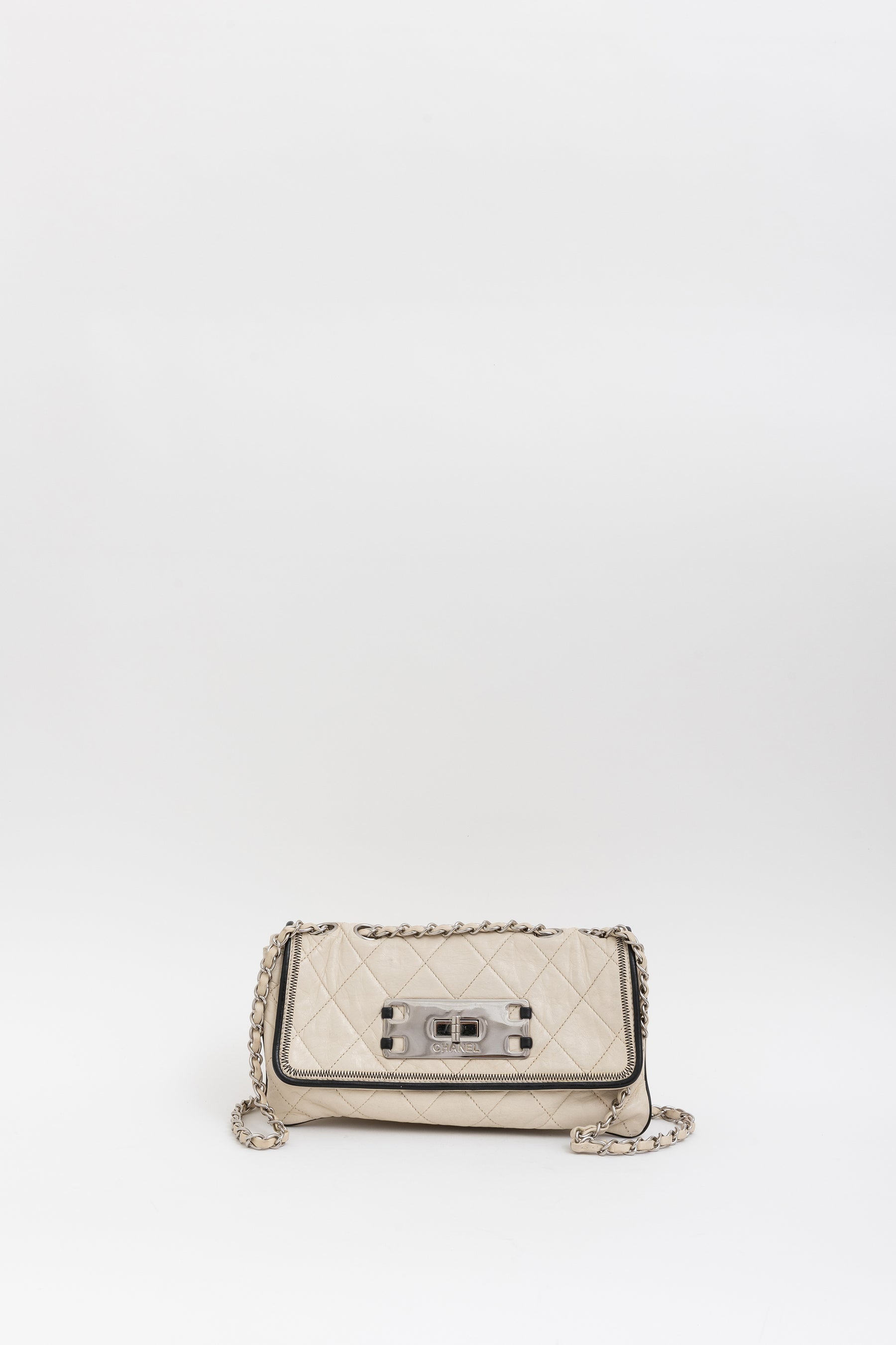 Chanel Cream Leather with Black Trim East West Reissue Buckle Flap Bag