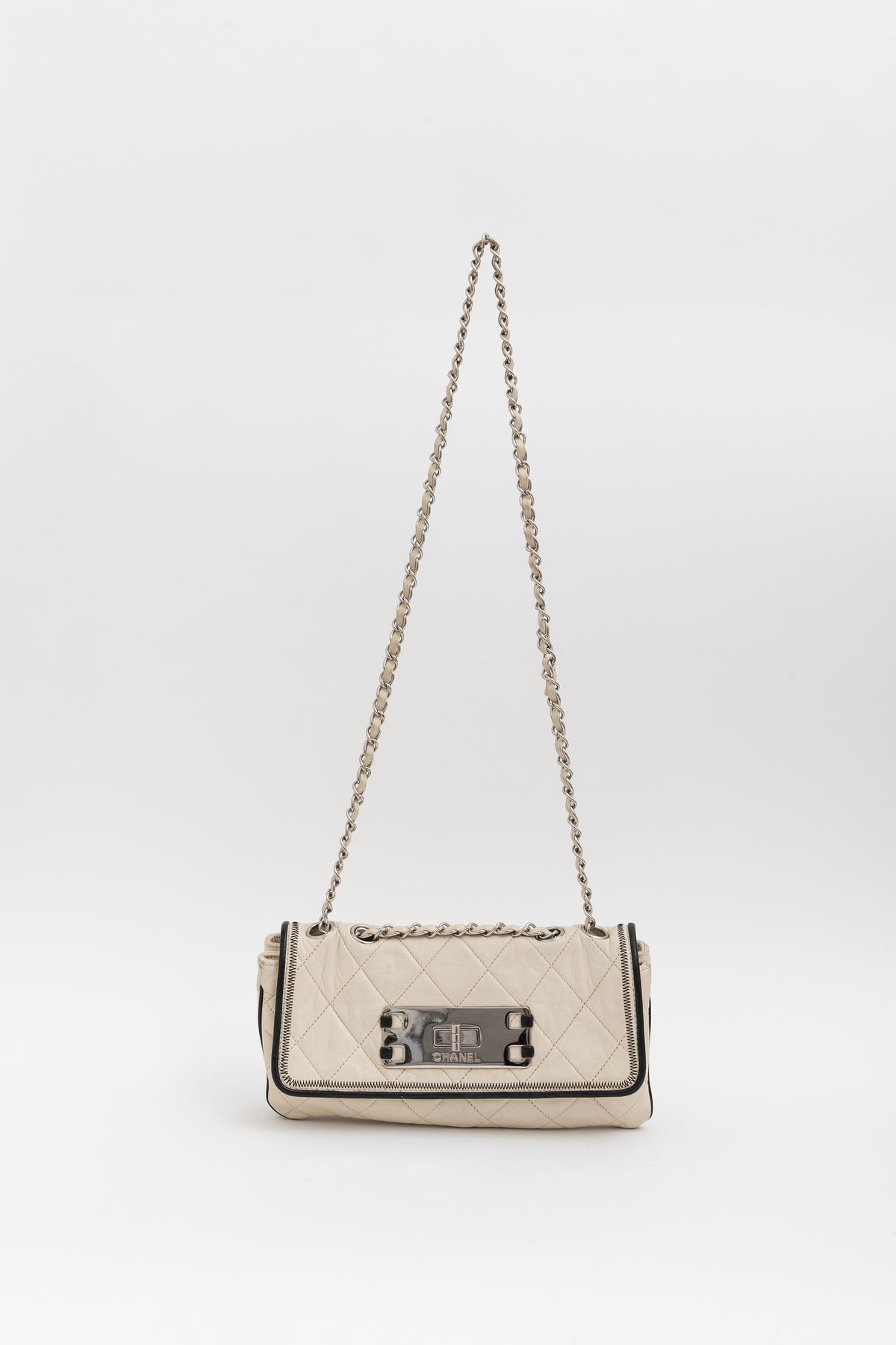 Chanel Cream Leather with Black Trim East West Reissue Buckle Flap Bag