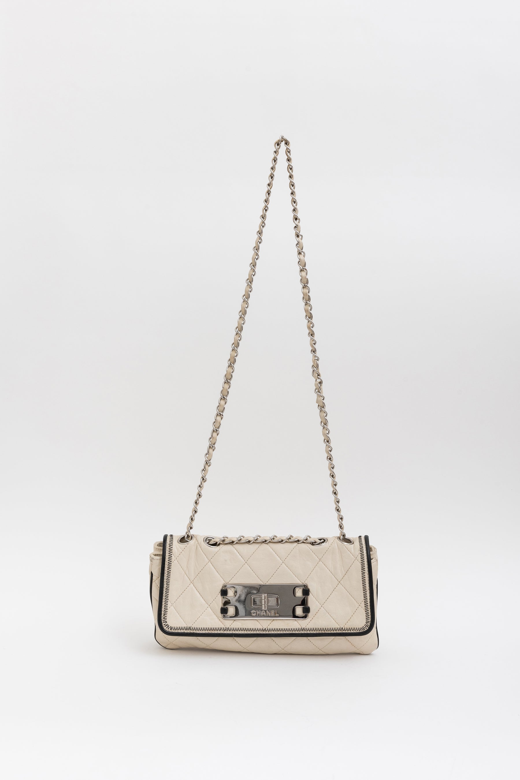 Chanel Cream Leather with Black Trim East West Reissue Buckle Flap Bag