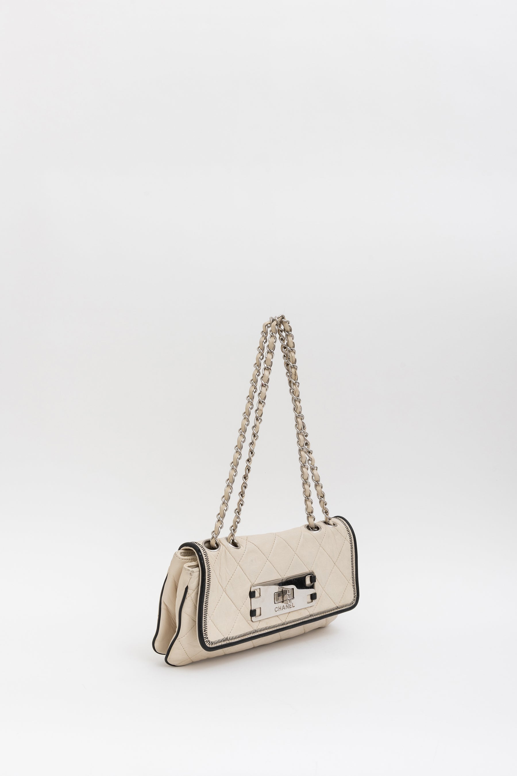 Chanel Cream Leather with Black Trim East West Reissue Buckle Flap Bag