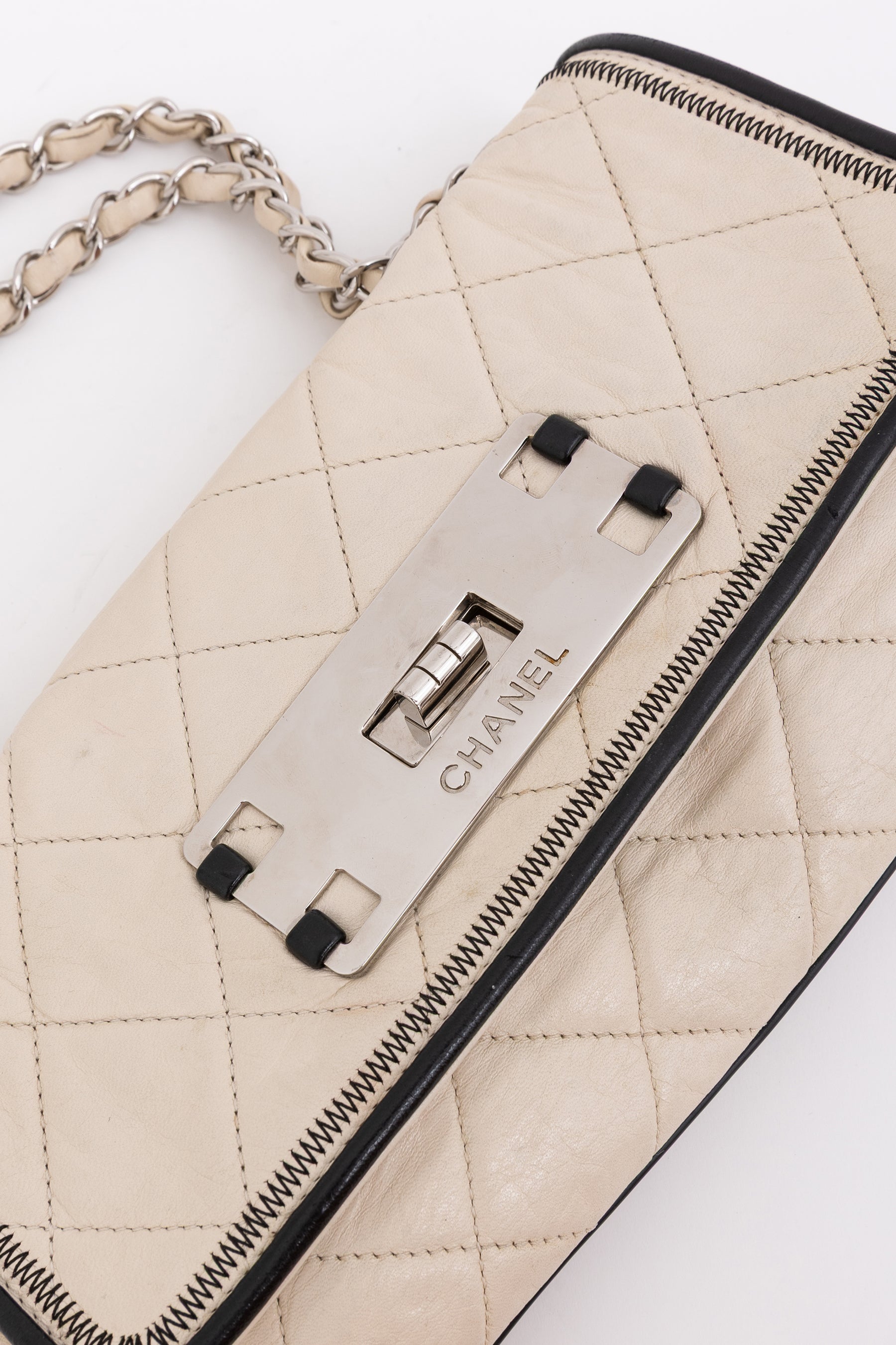 Chanel Cream Leather with Black Trim East West Reissue Buckle Flap Bag