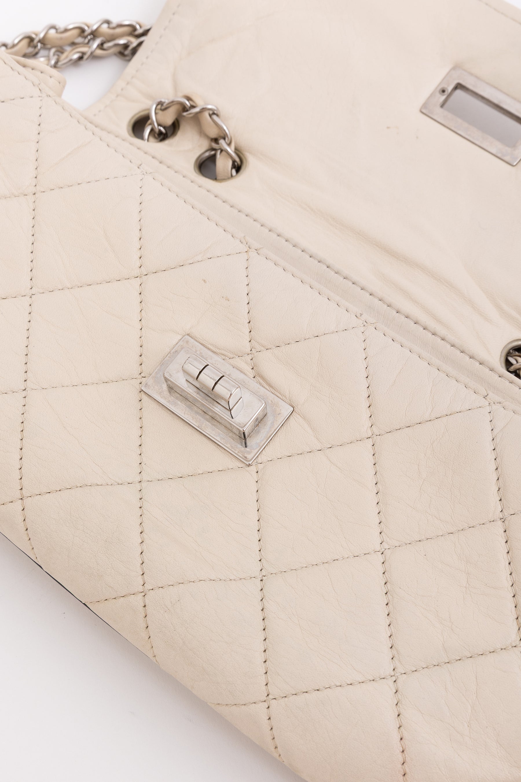 Chanel Cream Leather with Black Trim East West Reissue Buckle Flap Bag