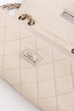 Chanel Cream Leather with Black Trim East West Reissue Buckle Flap Bag