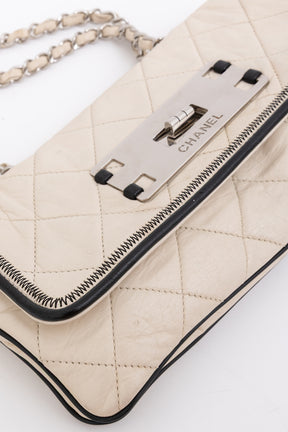 Chanel Cream Leather with Black Trim East West Reissue Buckle Flap Bag