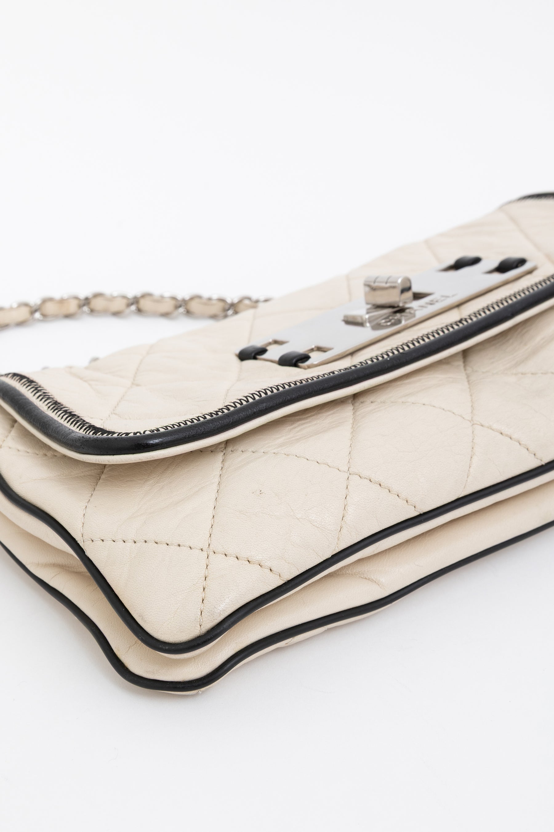 Chanel Cream Leather with Black Trim East West Reissue Buckle Flap Bag