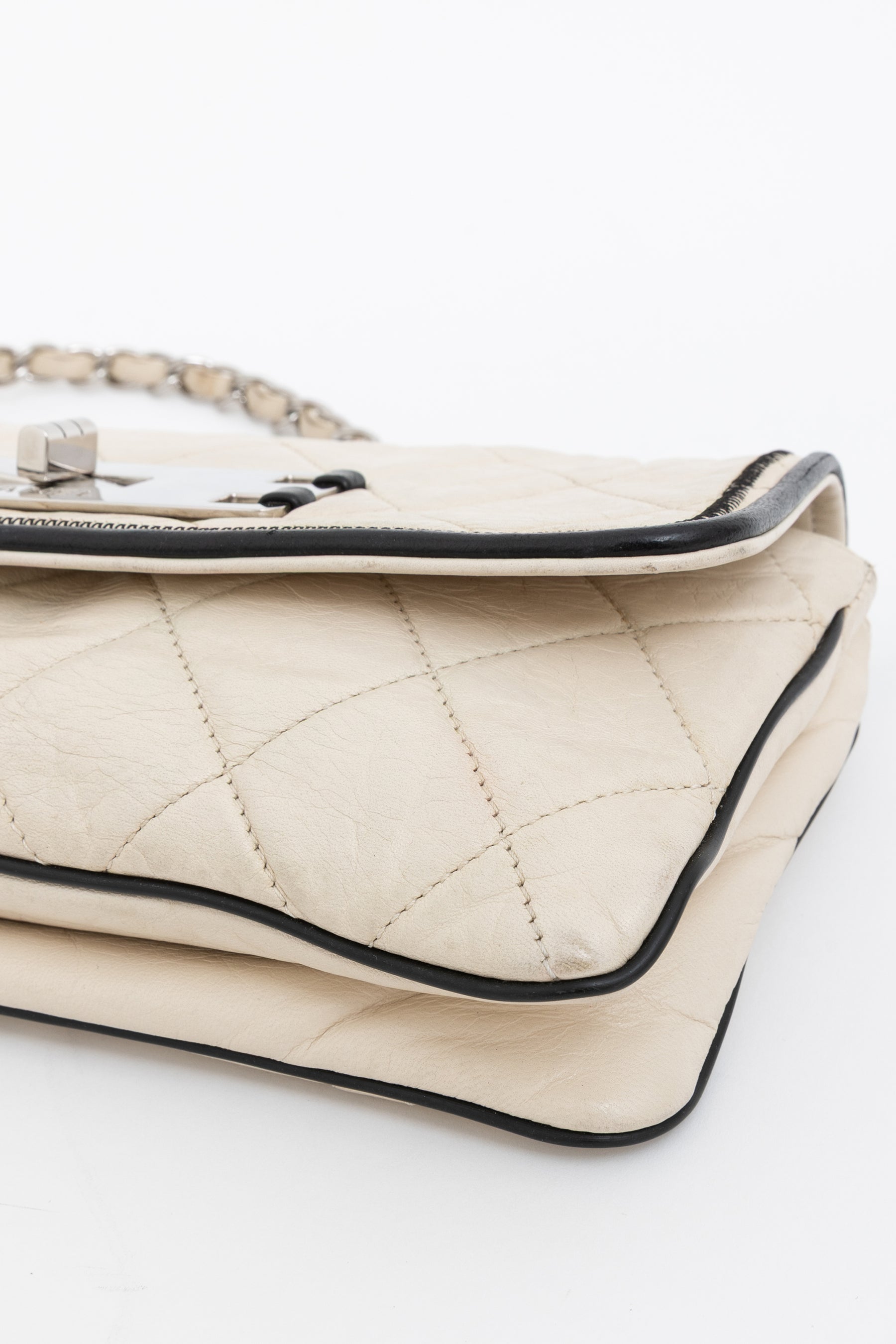 Chanel Cream Leather with Black Trim East West Reissue Buckle Flap Bag