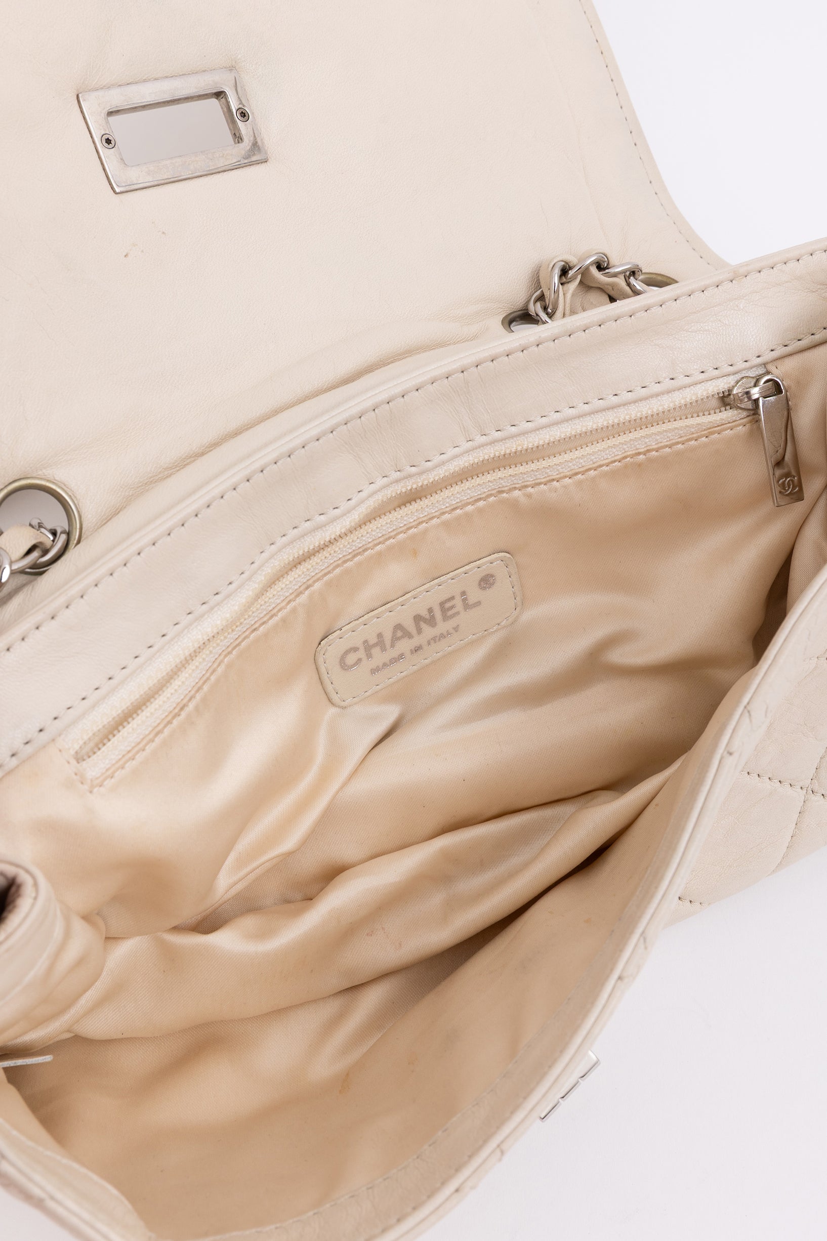 Chanel Cream Leather with Black Trim East West Reissue Buckle Flap Bag