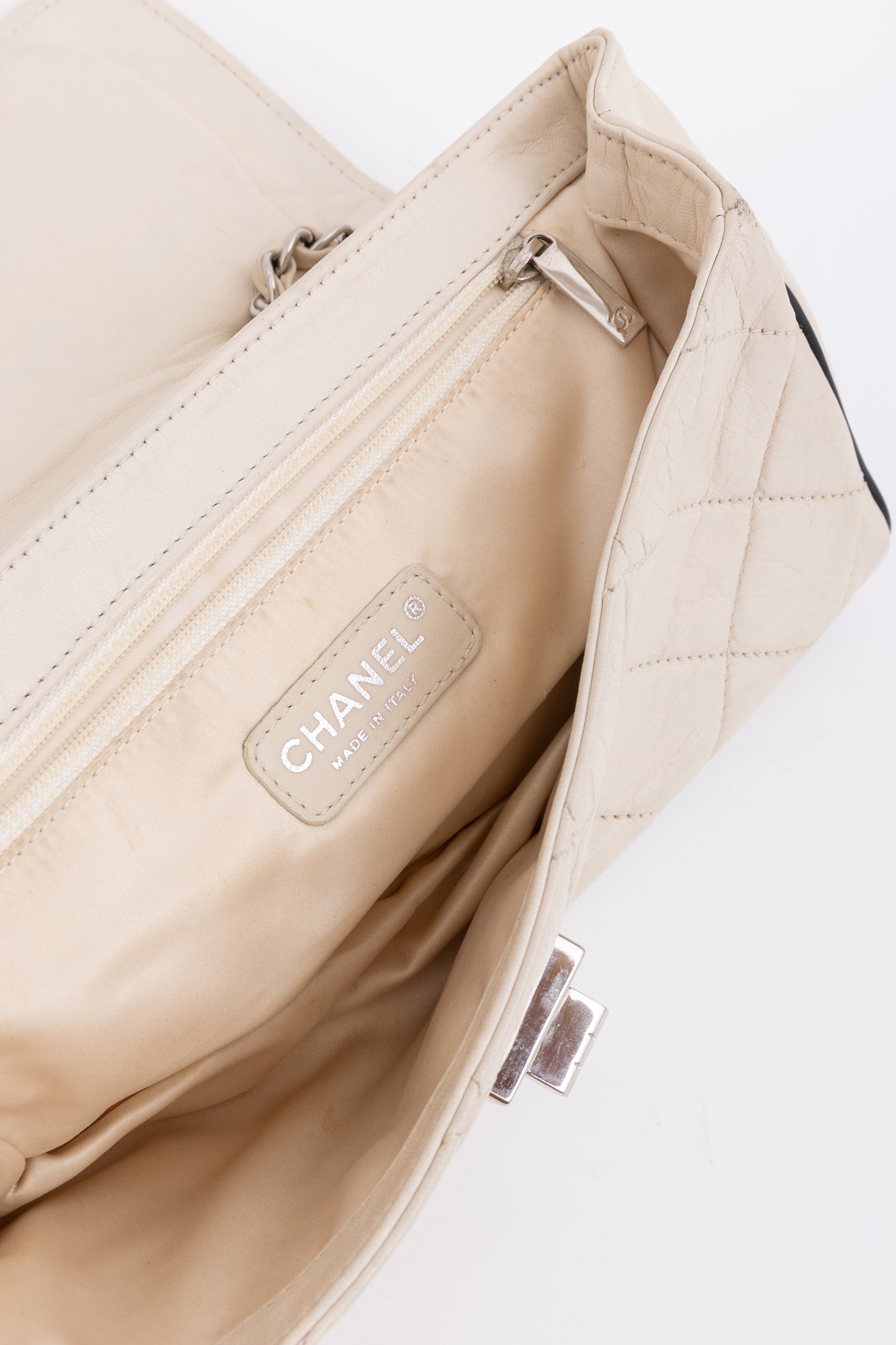 Chanel Cream Leather with Black Trim East West Reissue Buckle Flap Bag