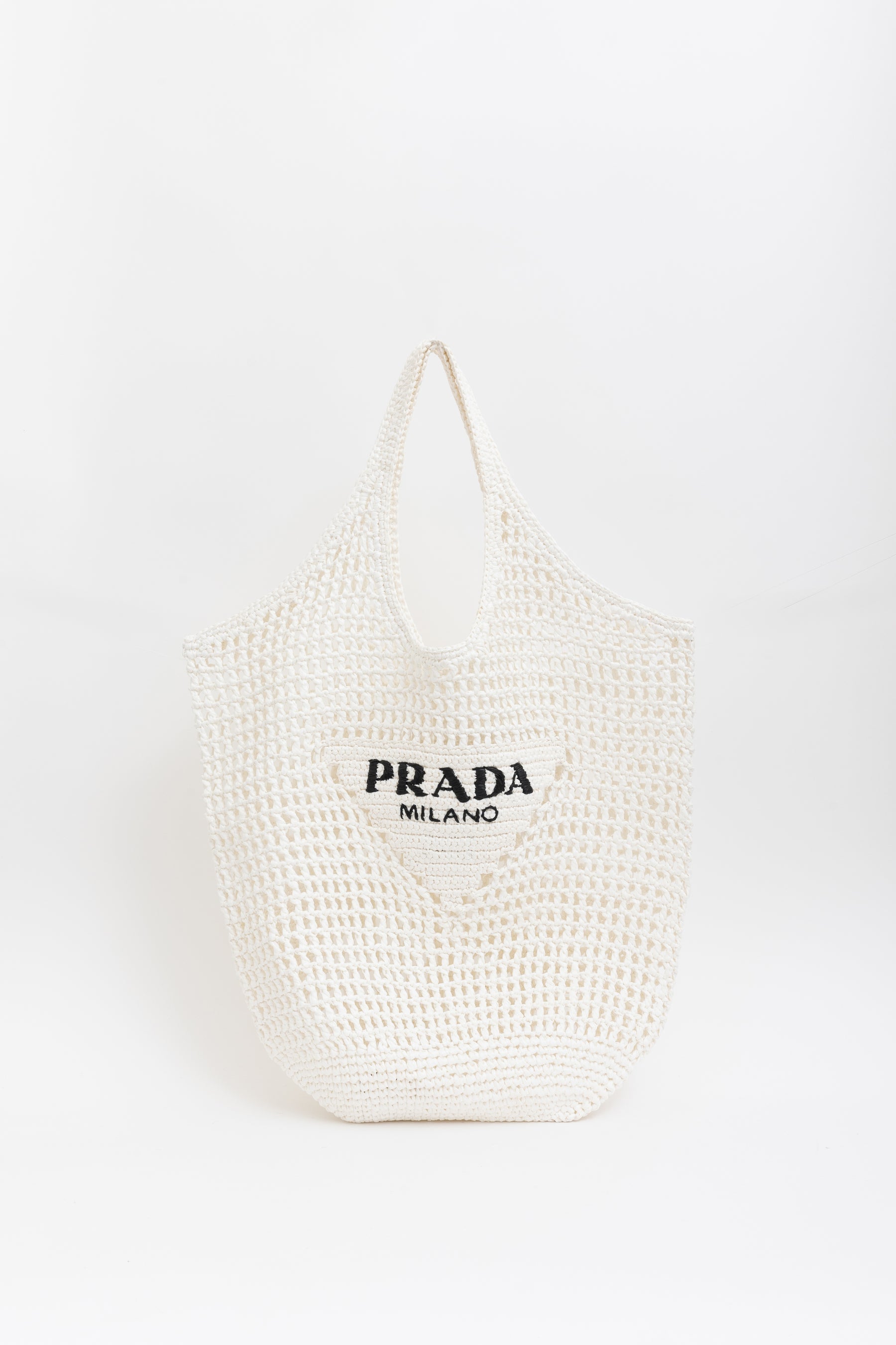 Raffia Effect Crochet Logo Embroidered Tote Bag