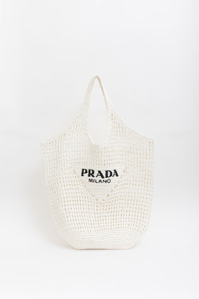 Raffia Effect Crochet Logo Embroidered Tote Bag