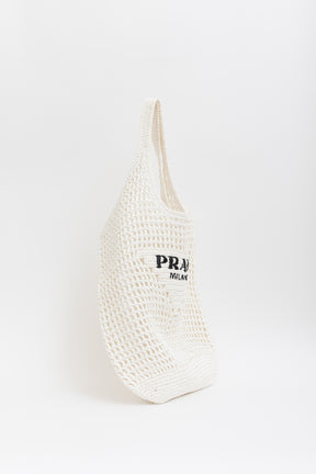Raffia Effect Crochet Logo Embroidered Tote Bag