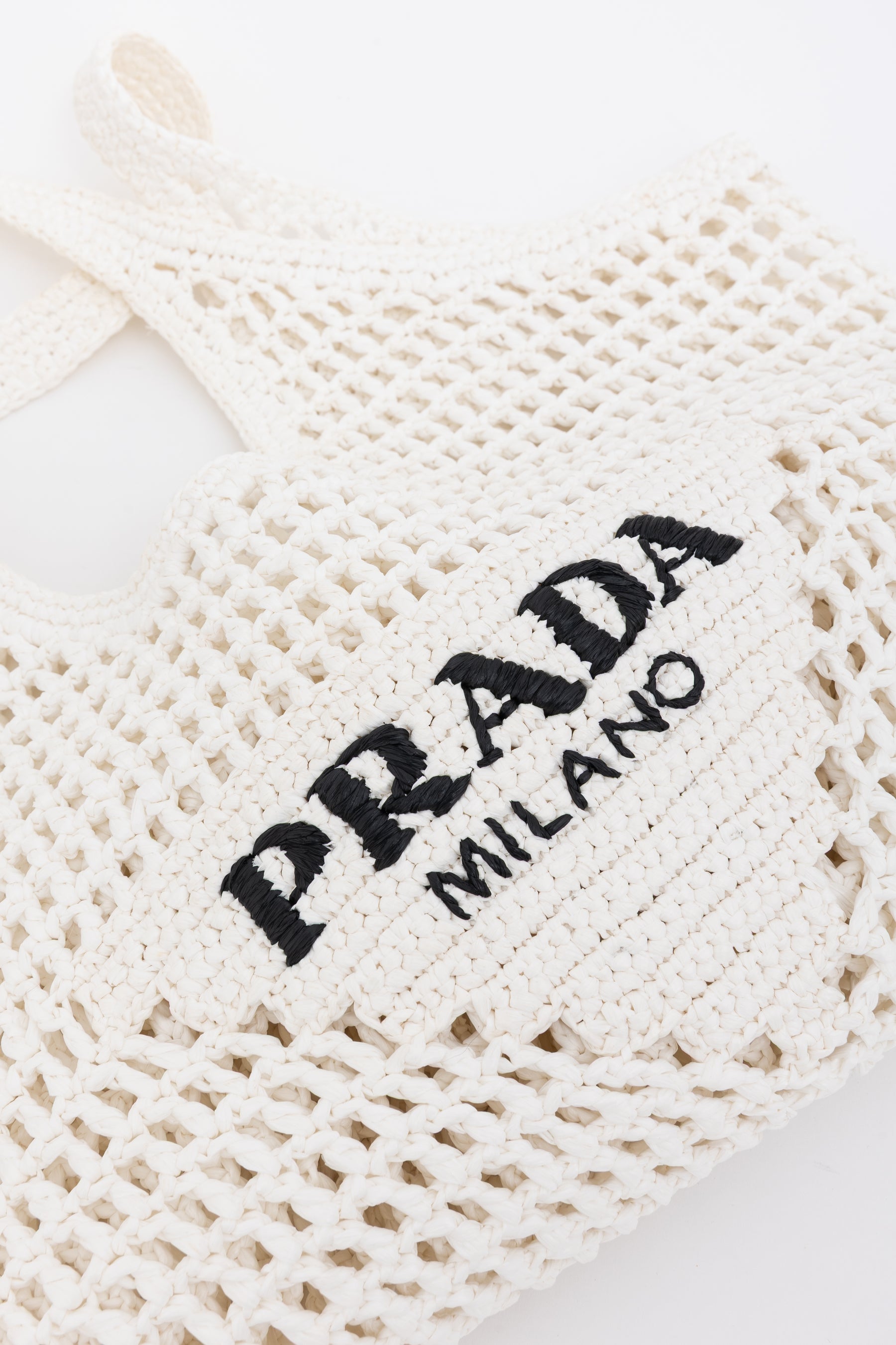 Raffia Effect Crochet Logo Embroidered Tote Bag