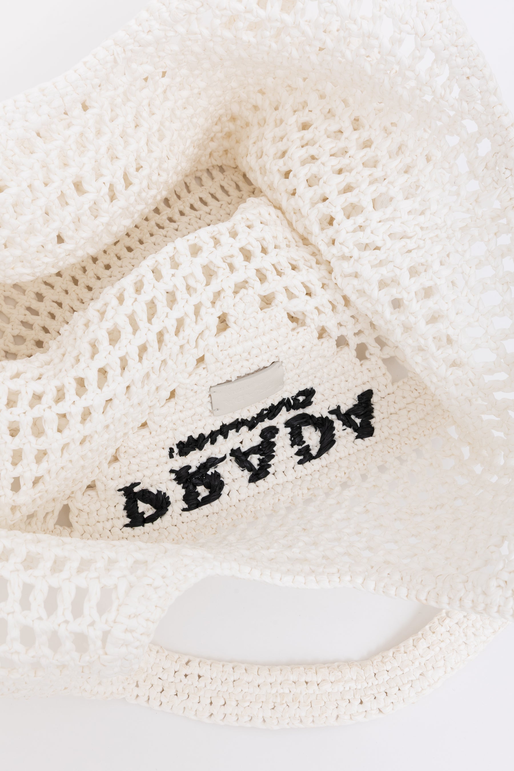 Raffia Effect Crochet Logo Embroidered Tote Bag