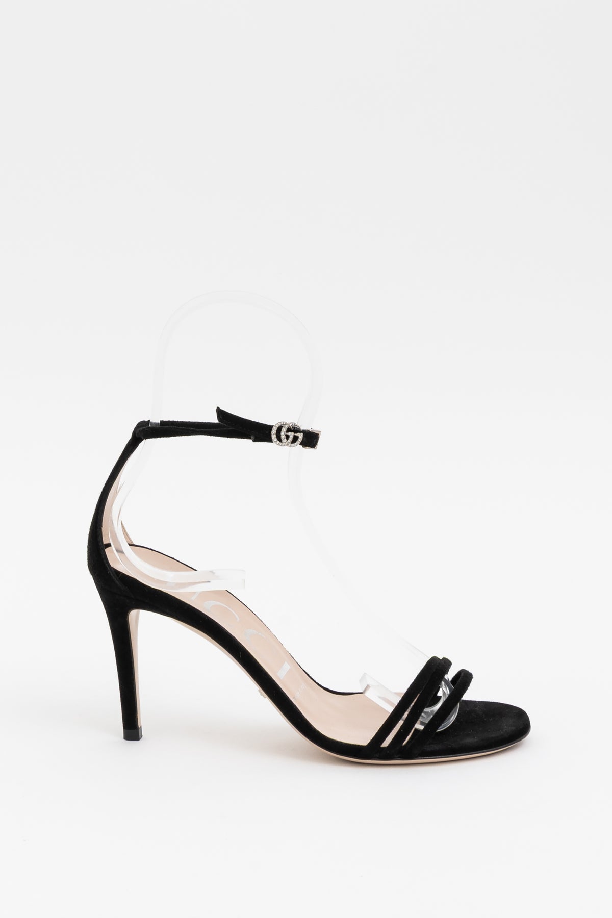 GG Crystal Logo High Heel Suede Sandals