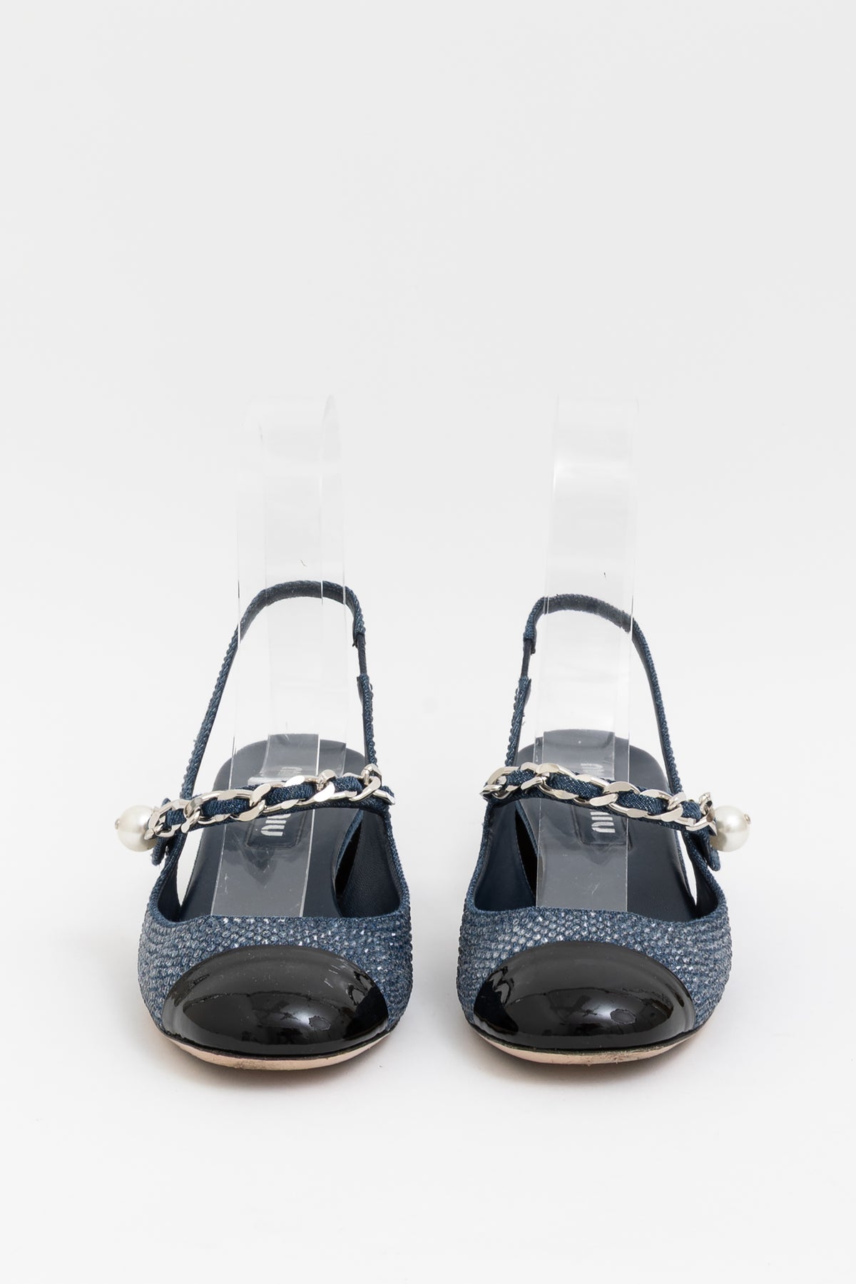 Pearl-Chain Denim Slingback Pumps