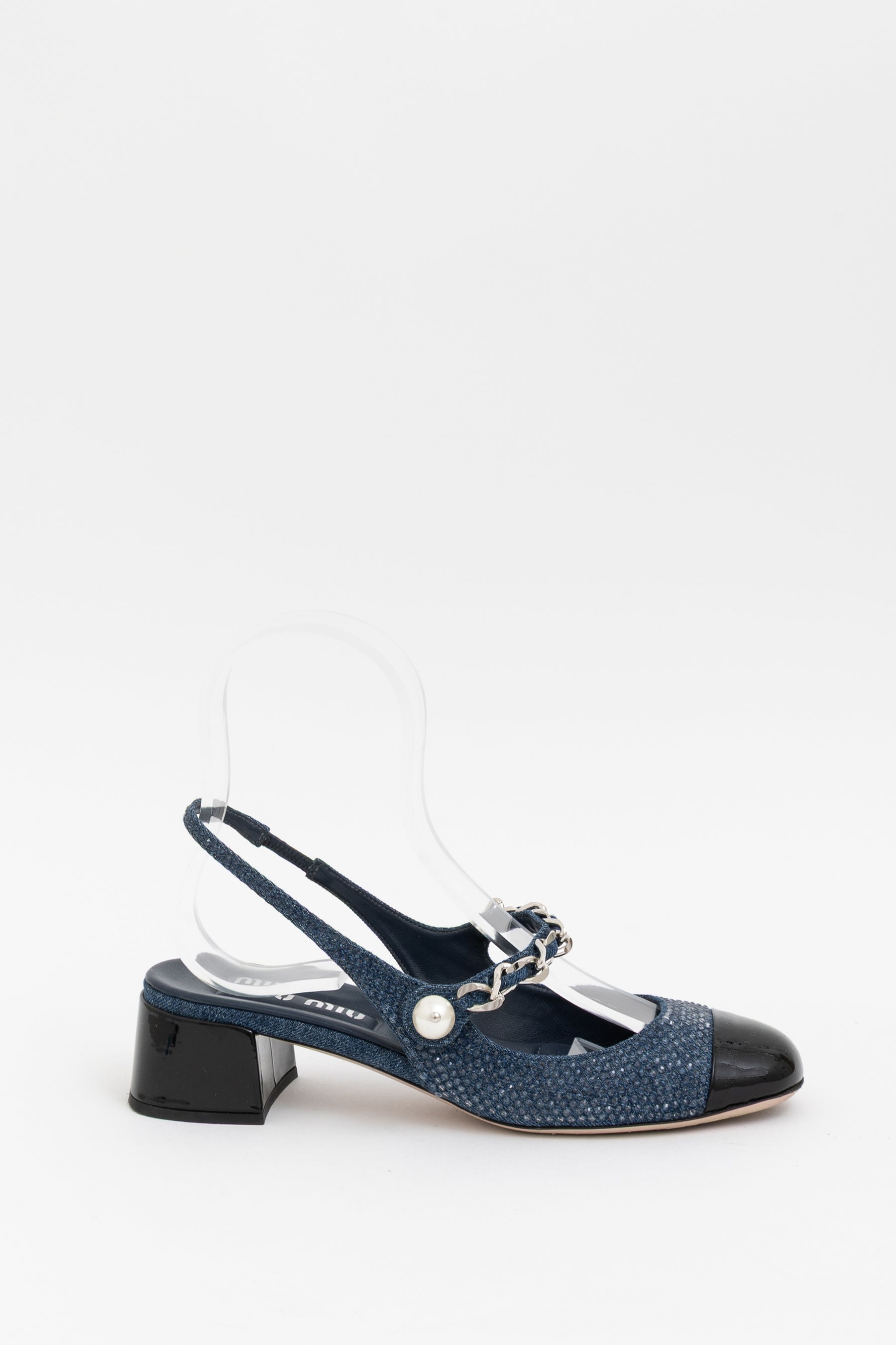 Pearl-Chain Denim Slingback Pumps