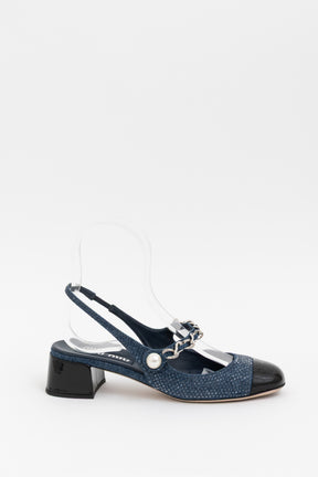 Pearl-Chain Denim Slingback Pumps