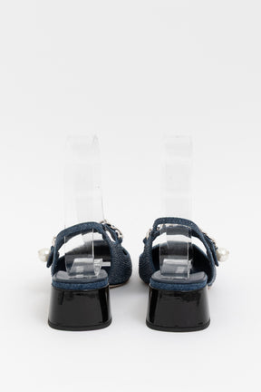 Pearl-Chain Denim Slingback Pumps