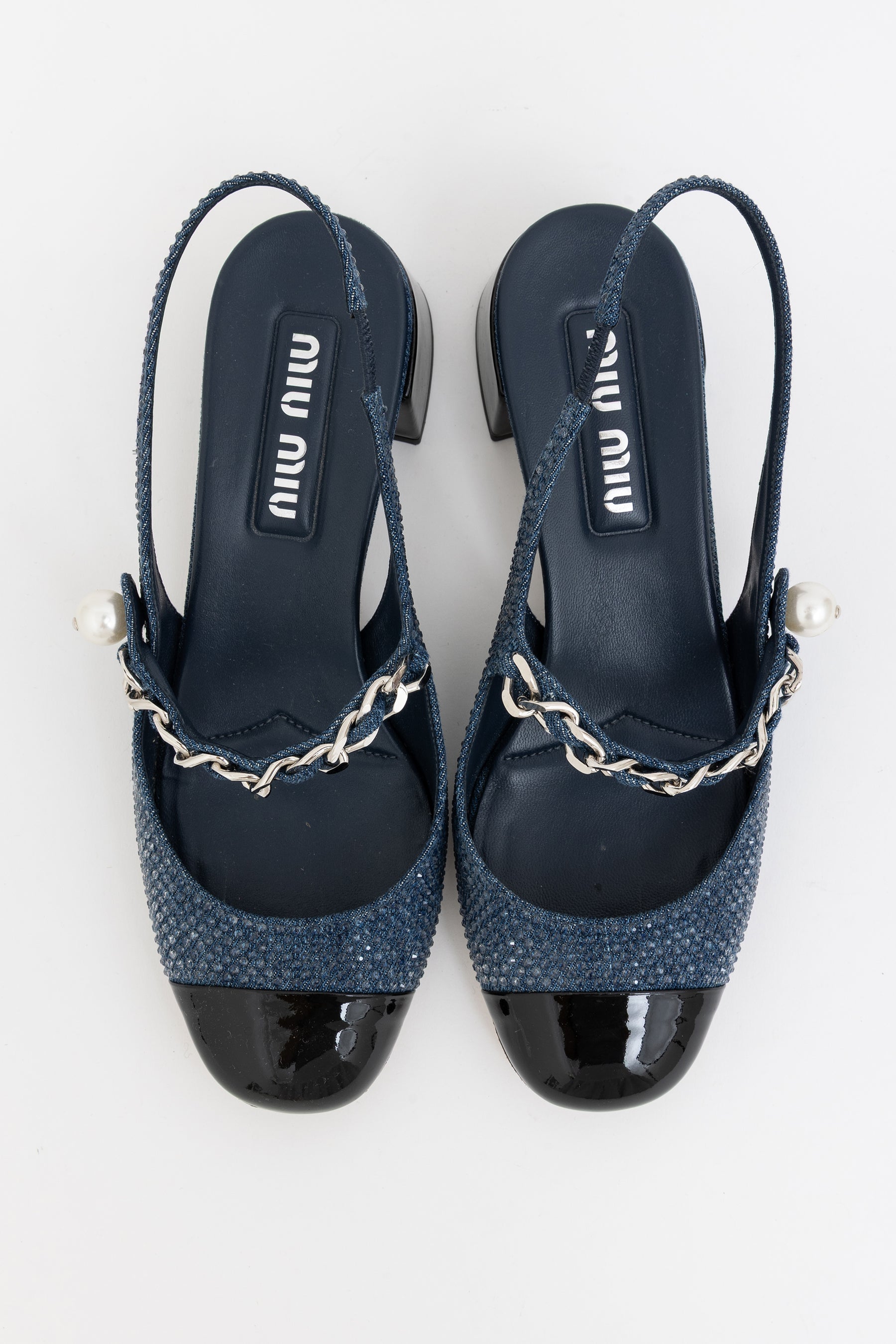 Pearl-Chain Denim Slingback Pumps