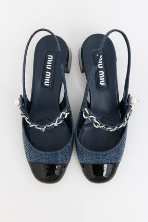 Pearl-Chain Denim Slingback Pumps
