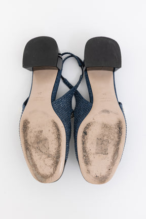 Pearl-Chain Denim Slingback Pumps