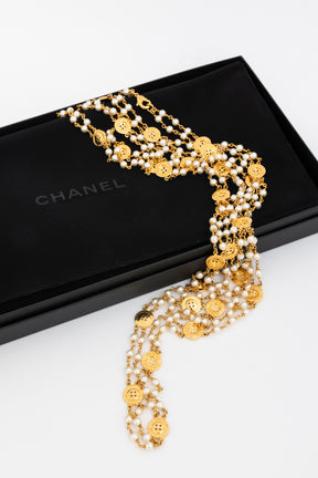 Vintage Gold-Tone Faux-Pearl and Button Medallion Necklace