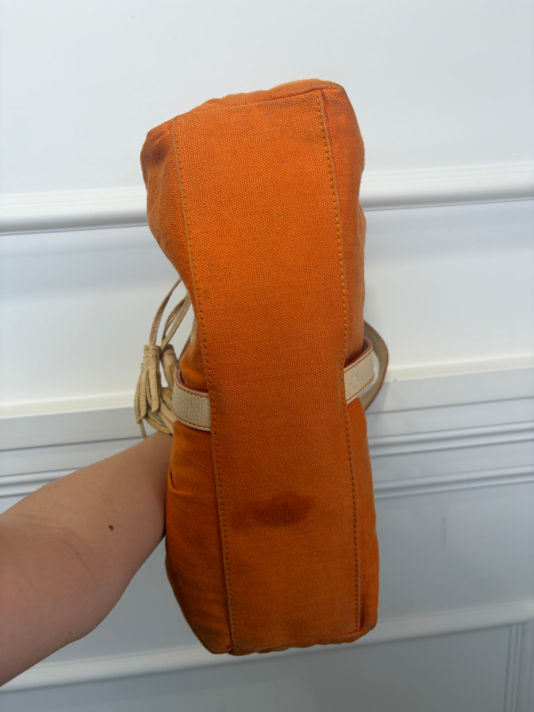 Celine Orange Canvas and Cream Leather Shoulder Bag