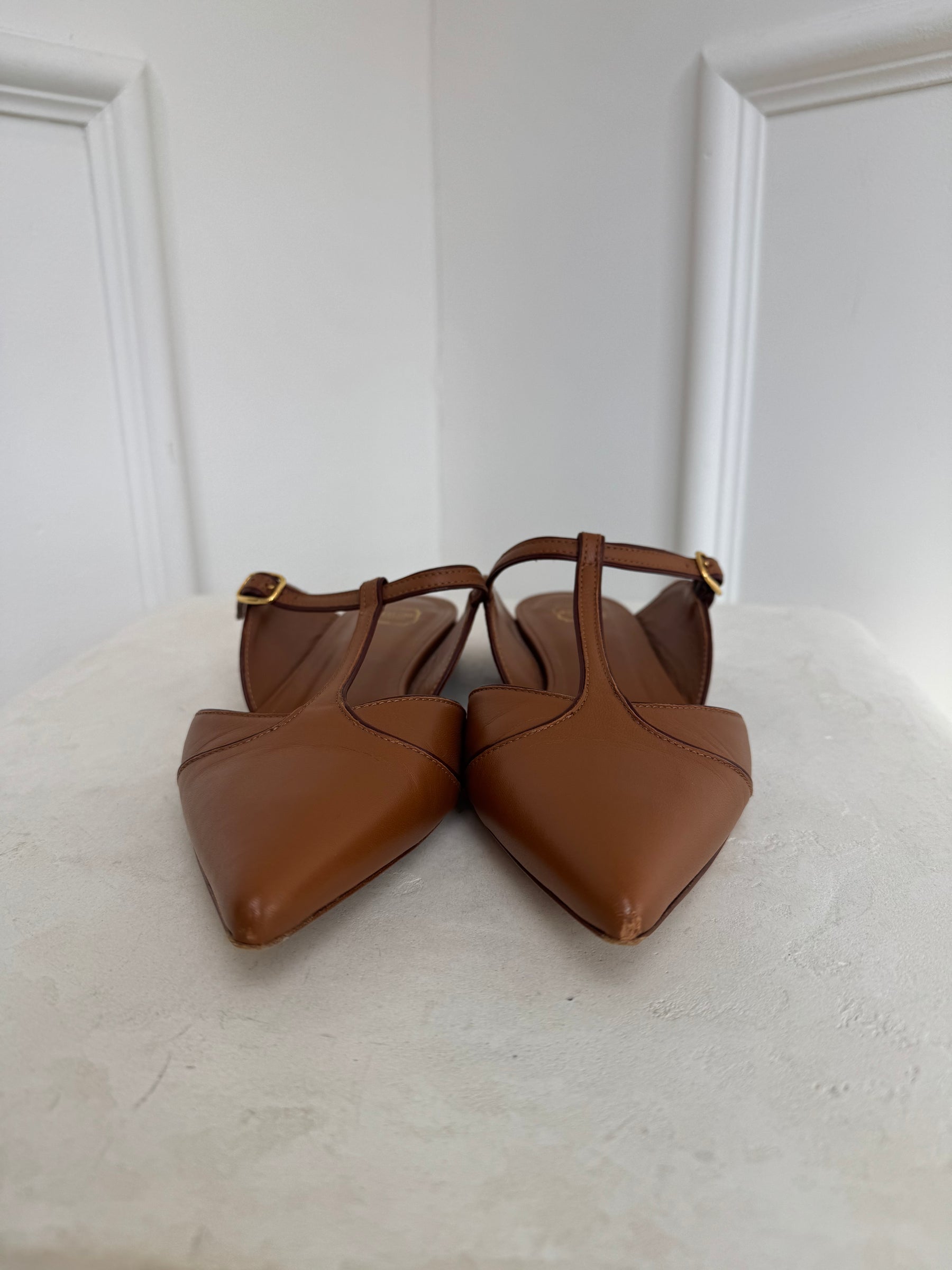 Malone Souliers Tan Leather Pointed T Bar Flats, 38