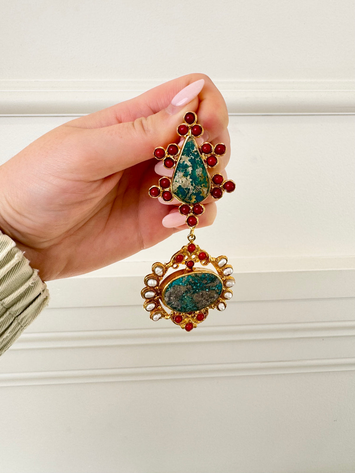 Christie Nicolaides Gold Tone Turquoise style and Red Stone Drop Earrings